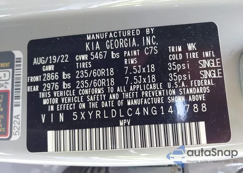 2022 Kia Sorento X-Line S из США, поврежденный, VIN 5XYRLDLC4NG147788